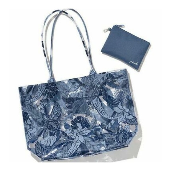 PINK VICTORIAS SECRET Summer Blue Tropical Floral PVC Tote Bag - Picture 1 of 16